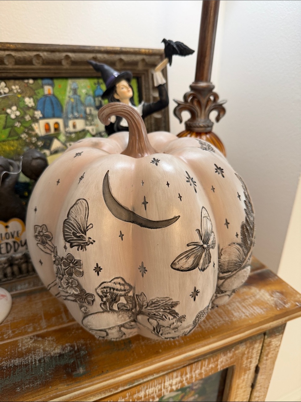 Halloween Decorative Creamy Pink Pumpkin Accent with Moon and Butterfly Motif